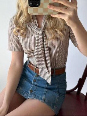 Retro Brown and white striped vintage short sleeve tie scarf blouse